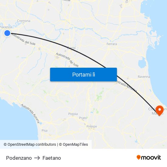 Podenzano to Faetano map