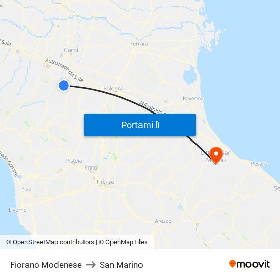 Fiorano Modenese to San Marino map