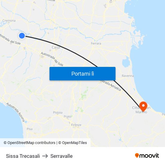 Sissa Trecasali to Serravalle map