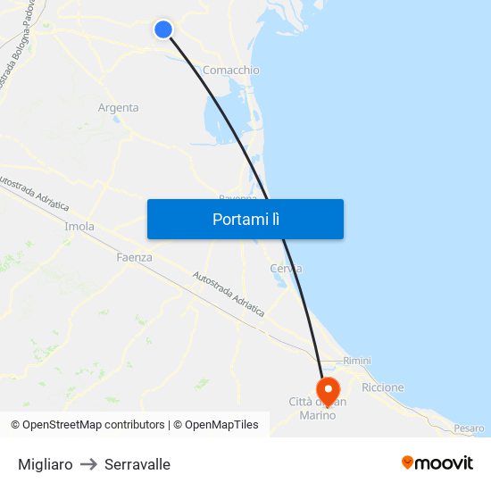Migliaro to Serravalle map