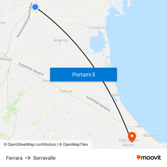 Ferrara to Serravalle map