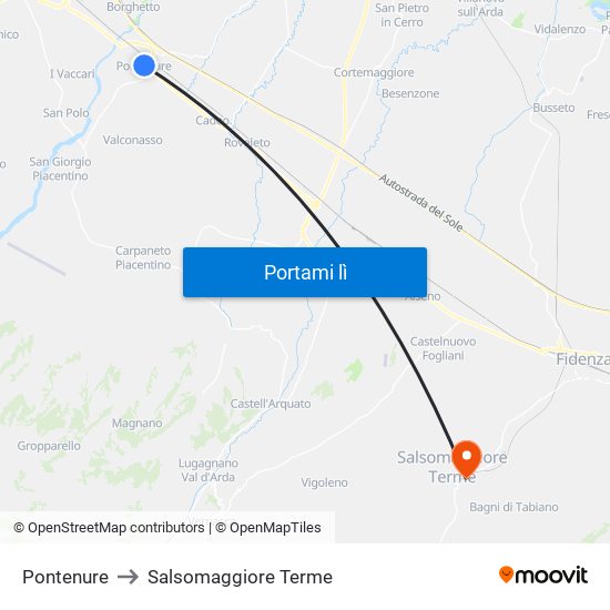 Pontenure to Salsomaggiore Terme map