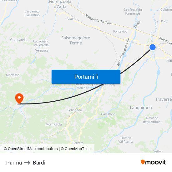 Parma to Bardi map