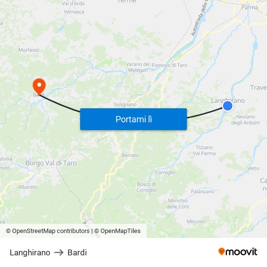 Langhirano to Bardi map