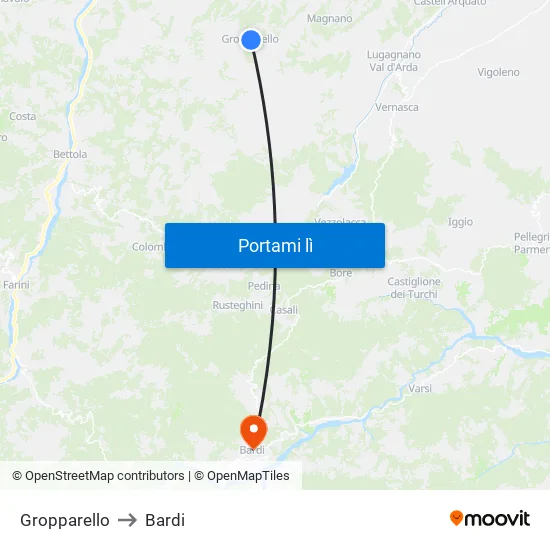 Gropparello to Bardi map