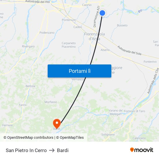 San Pietro In Cerro to Bardi map