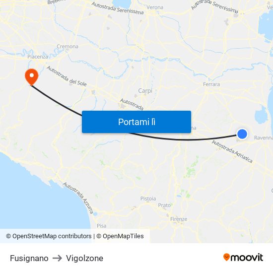 Fusignano to Vigolzone map