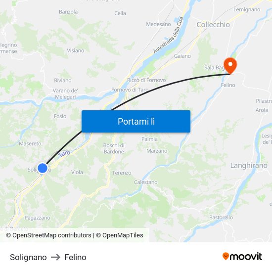 Solignano to Felino map