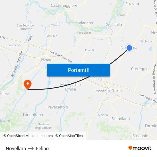 Novellara to Felino map