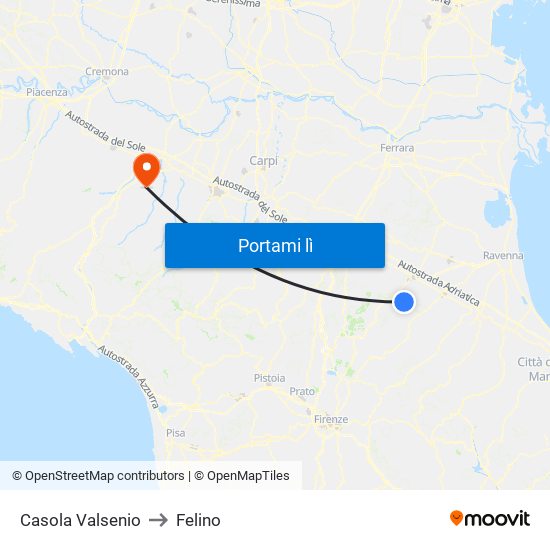 Casola Valsenio to Felino map