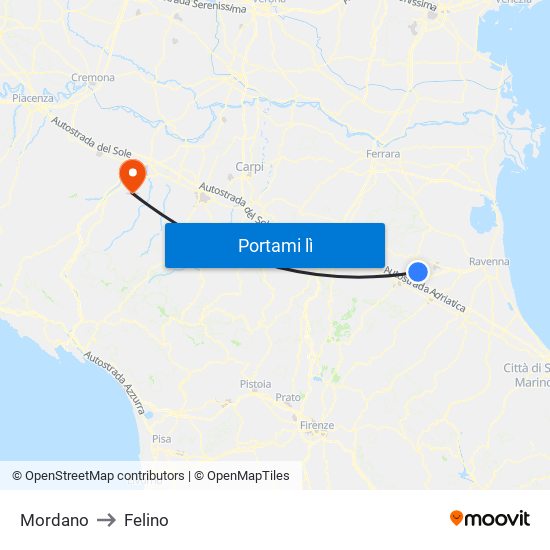 Mordano to Felino map
