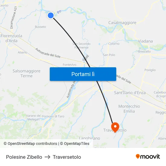 Polesine Zibello to Traversetolo map