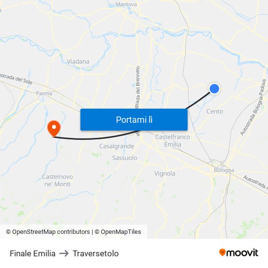 Finale Emilia to Traversetolo map