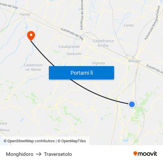 Monghidoro to Traversetolo map
