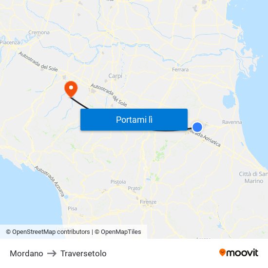 Mordano to Traversetolo map