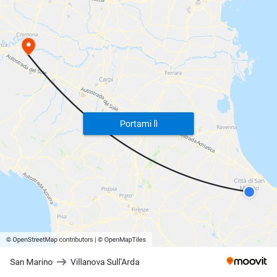 San Marino to Villanova Sull'Arda map