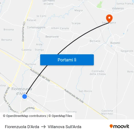 Fiorenzuola D'Arda to Villanova Sull'Arda map