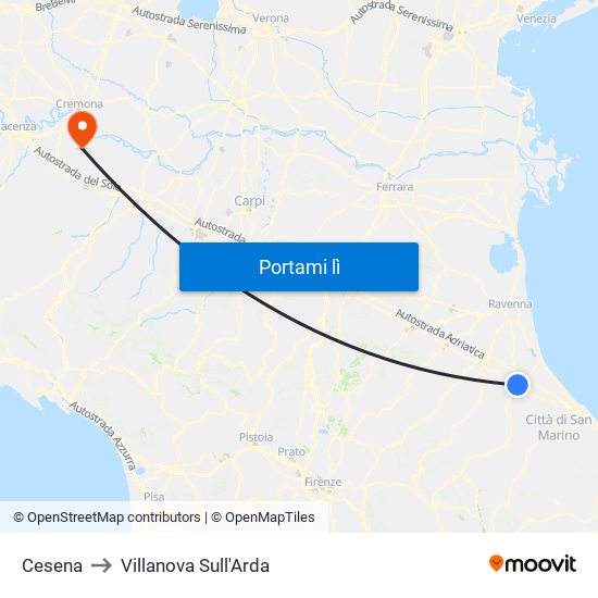 Cesena to Villanova Sull'Arda map