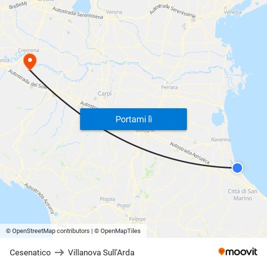 Cesenatico to Villanova Sull'Arda map