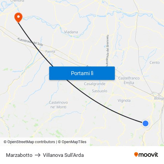 Marzabotto to Villanova Sull'Arda map