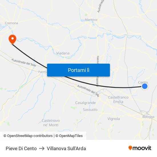 Pieve Di Cento to Villanova Sull'Arda map