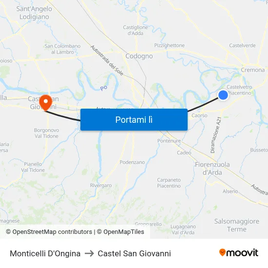 Monticelli D'Ongina to Castel San Giovanni map