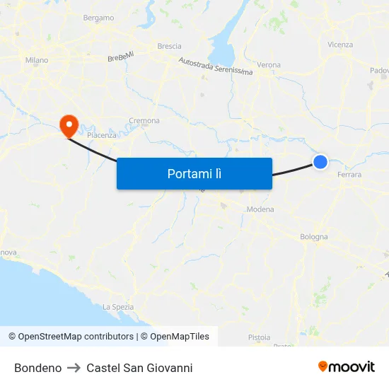 Bondeno to Castel San Giovanni map
