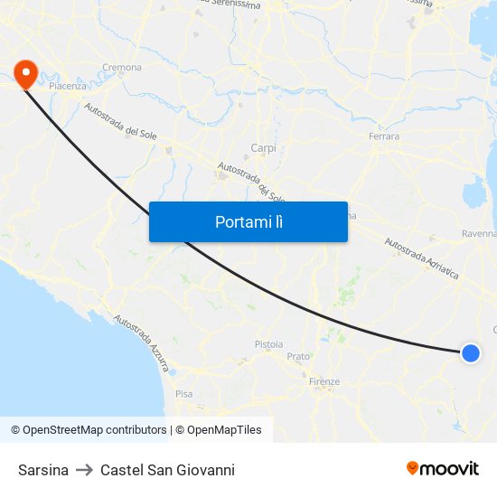 Sarsina to Castel San Giovanni map