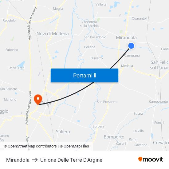 Mirandola to Unione Delle Terre D'Argine map