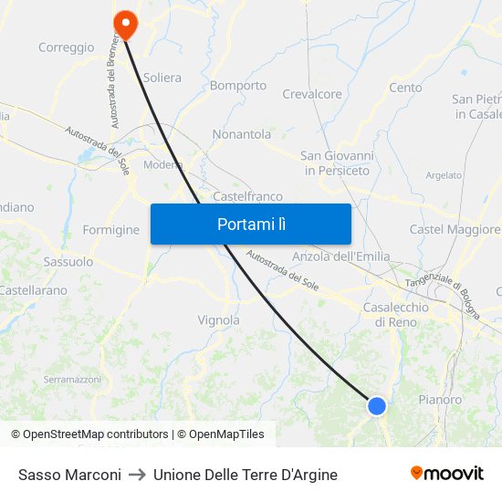 Sasso Marconi to Unione Delle Terre D'Argine map