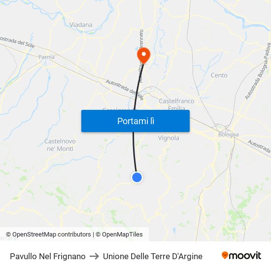 Pavullo Nel Frignano to Unione Delle Terre D'Argine map