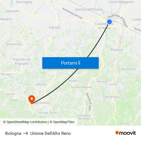 Bologna to Unione Dell'Alto Reno map