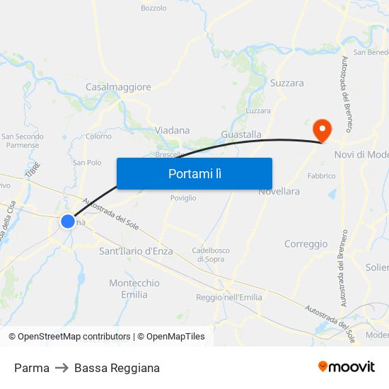 Parma to Bassa Reggiana map