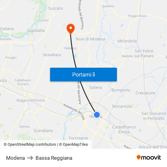 Modena to Bassa Reggiana map