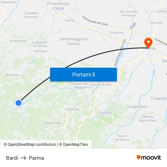 Bardi to Parma map