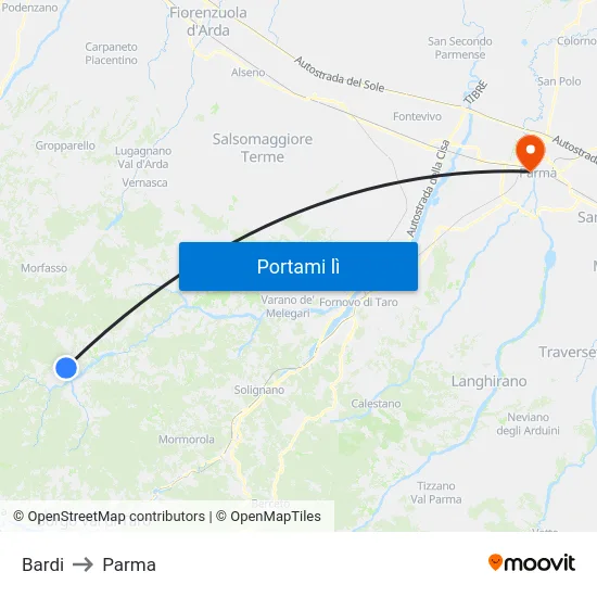 Bardi to Parma map