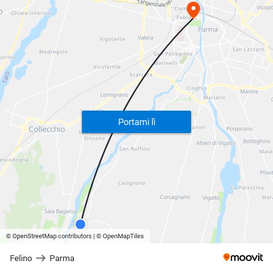 Felino to Parma map