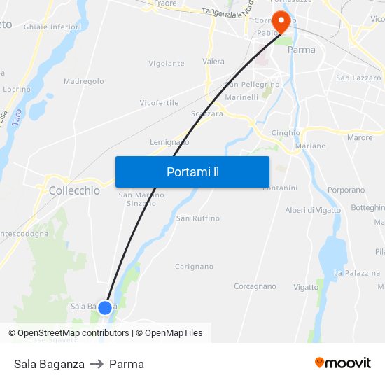 Sala Baganza to Parma map