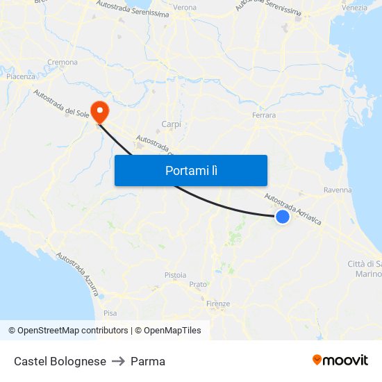 Castel Bolognese to Parma map