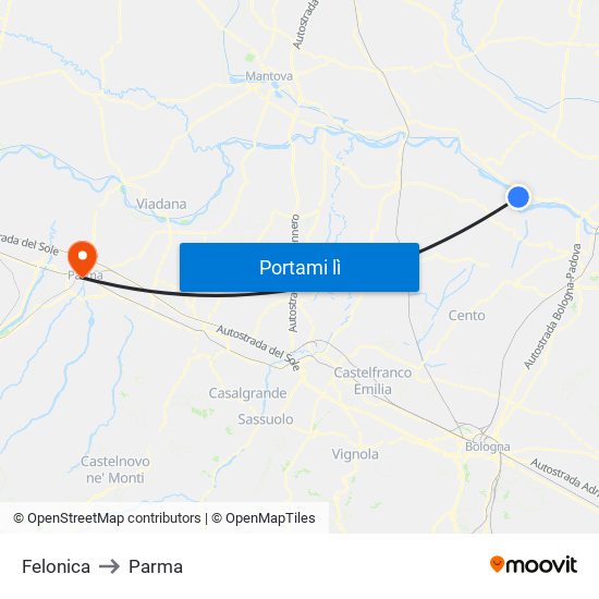 Felonica to Parma map