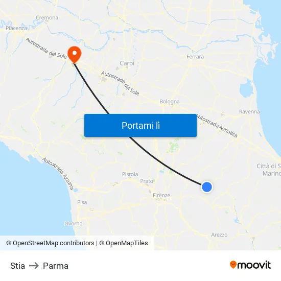 Stia to Parma map