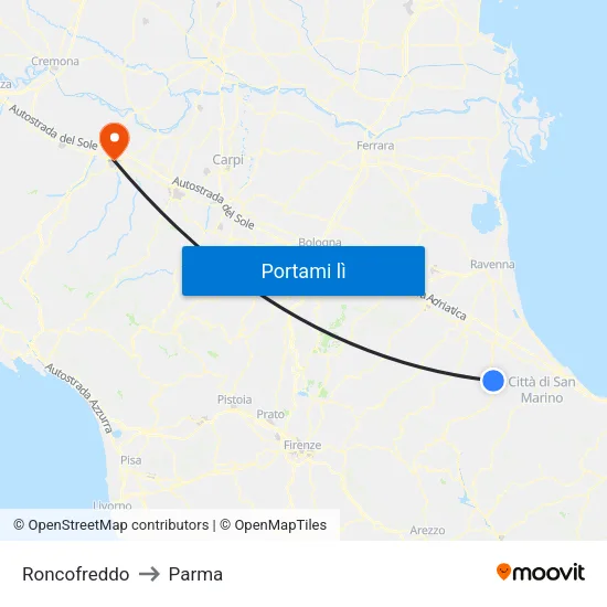 Roncofreddo to Parma map
