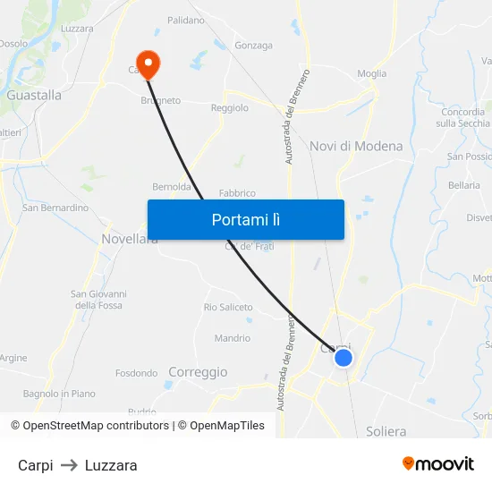 Carpi to Luzzara map