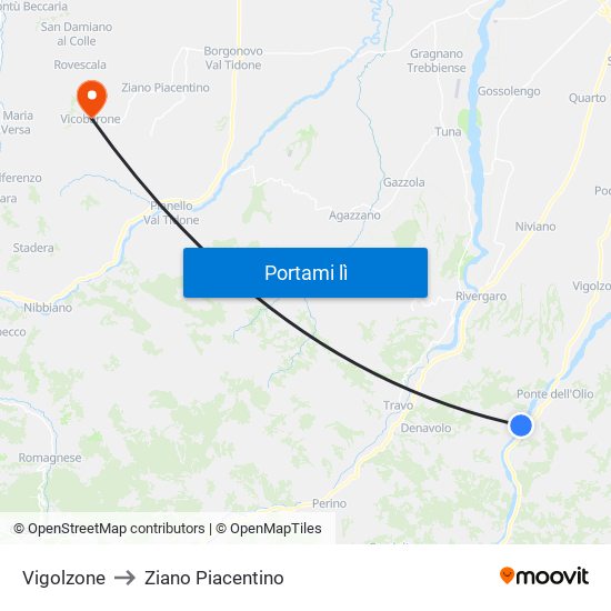 Vigolzone to Ziano Piacentino map
