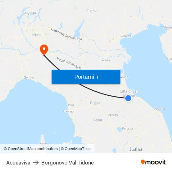 Acquaviva to Borgonovo Val Tidone map