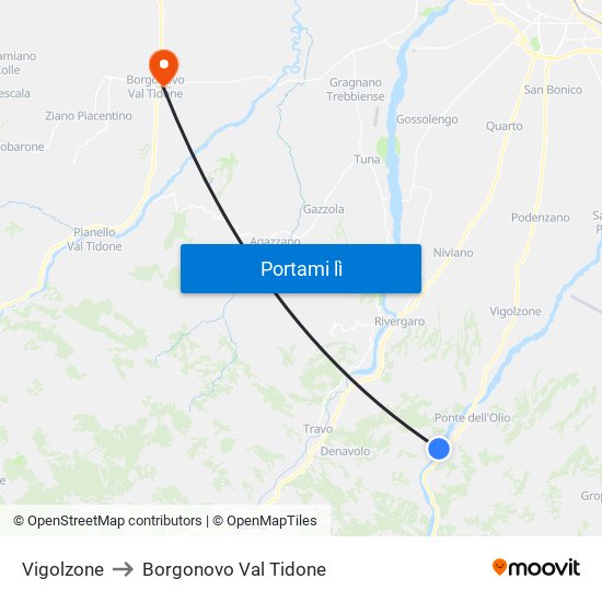 Vigolzone to Borgonovo Val Tidone map