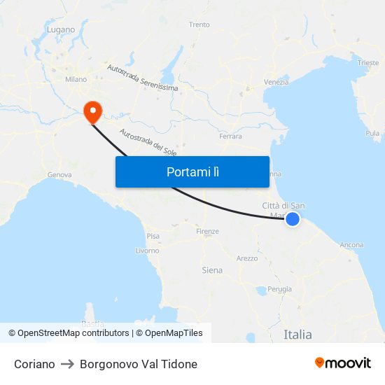 Coriano to Borgonovo Val Tidone map