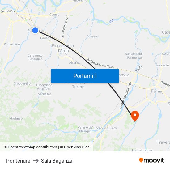 Pontenure to Sala Baganza map