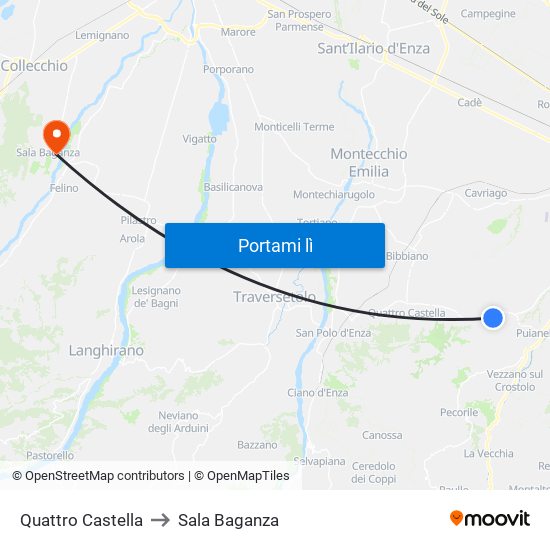 Quattro Castella to Sala Baganza map
