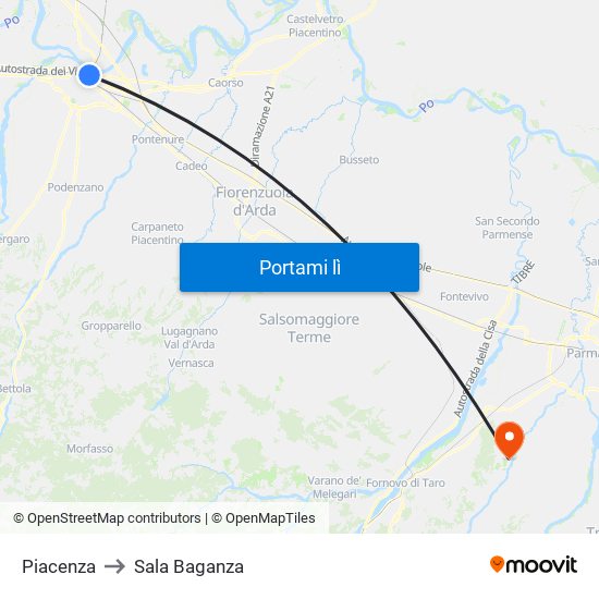 Piacenza to Sala Baganza map